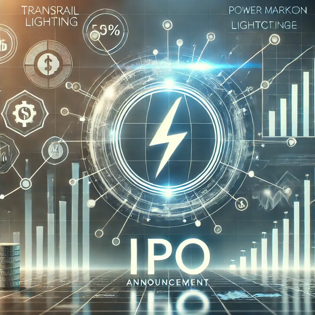 Transrail Lighting IPO announcement with stock market graphs and financial growth symbols, representing trust, investment opportunities, and company growth in power transmission and infrastructure."