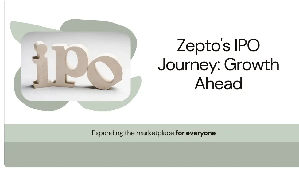 Illustration of Zepto's strategic shift to a marketplace model, highlighting its IPO preparations, revenue growth, and expansion to 35 cities in India.