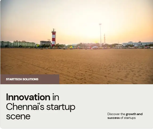 A vibrant illustration of startup companies in Chennai showcasing diverse industries like fintech, healthtech, edtech, and AI, symbolizing innovation and growth.