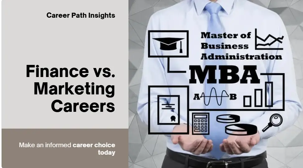 "Chart comparing MBA Finance and MBA Marketing, highlighting differences in focus, skills, career options, and salary prospects."