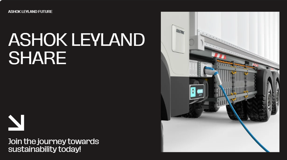 Infographic showing Ashok Leyland's projected share price growth from 2025 to 2030, highlighting milestones like EV production targets, infrastructure projects impact, and SAARC exports contribution to stock performance."