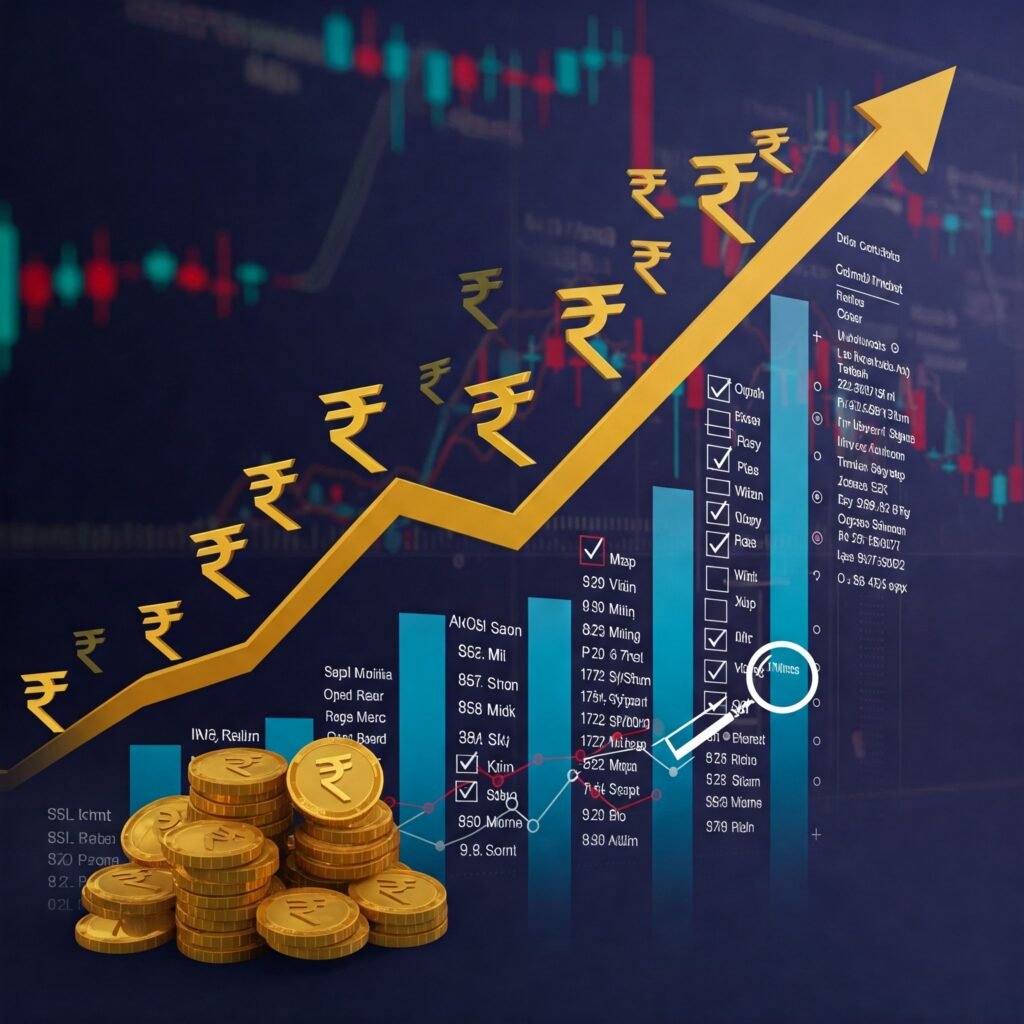Analyzing growth trends of best stocks under ₹100: Charts, rupee symbols, and real-time trading data for short-term investors.