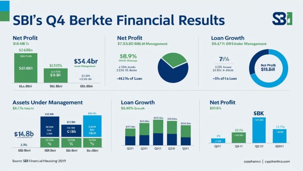 Infographic of SBI Q4 results showing 10% net profit decline to ₹18,643 cr, ₹15.90/share dividend, NII and NIM trends, credit and deposit growth, and outlook.